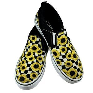 Vans Asher Sunflowers Checkerboard Black Yellow White Slip On Shoes Missy Sz 5.5